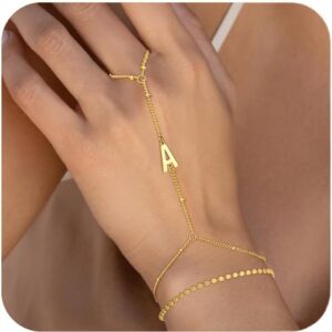 Ascona Valentines Day Gifts for Her Initial Hand Chain Bracelet for Women-14K Gold Plated Ring Bracelet Hand Chain for Women Trendy,Dainty Letter A-Z Link Charm Stack Bracelets Set Jewelry Gifts