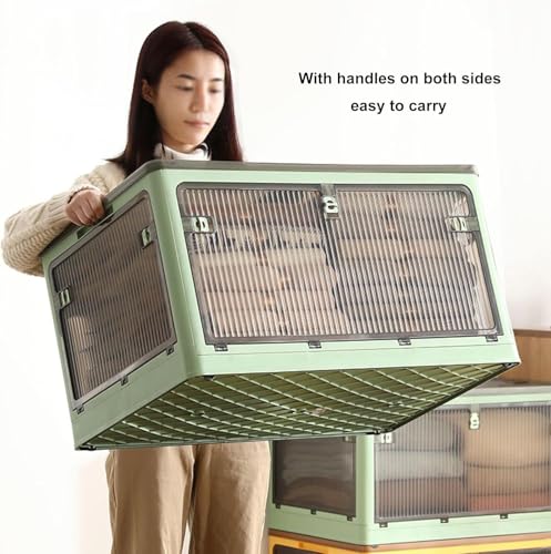 Large Clear Foldable Plastic Storage Boxes with Lids, Portable Handles & Wheels for Wardrobe, Grocery, Cupboard - Blue Bin (73x49x40CM) - Image 4