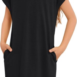 ZDC Girls Cap Sleeve Dresses Kids Spring Summer Casual Basic Crewneck Dress with Pockets 5-14 Years