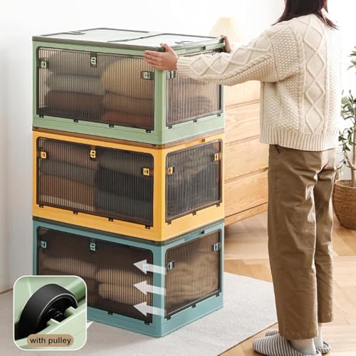 Large Clear Foldable Plastic Storage Boxes with Lids, Portable Handles & Wheels for Wardrobe, Grocery, Cupboard - Blue Bin (73x49x40CM) - Image 3