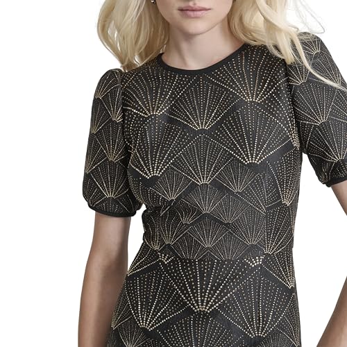 DKNY Women's Short Sleeve Jewel Neck Mini Fit and Flare Heat Set Dress, Black/Gold, 16 - Image 5
