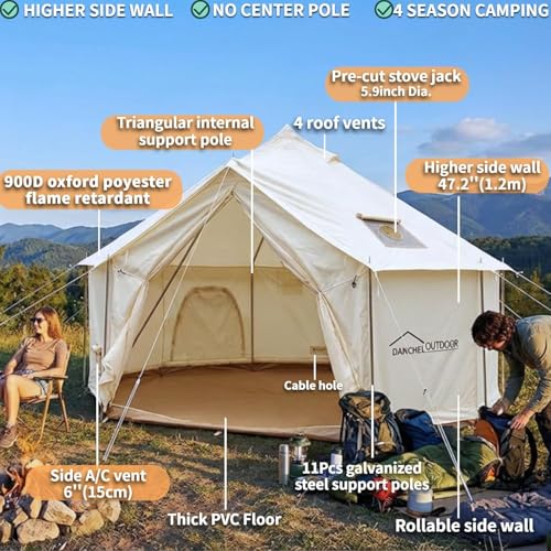DANCHEL OUTDOOR B6 4 Season Glamping Wall Tent w/Large Wood Stove Camping, No Center Pole, Higher Side Wall, 900D Flame Retardant Oxford for 4 Person Yurt Cabin Tent,13ft/4m - Image 2