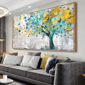 Wall Art Tree of Life Wall Decor Abstract Graffiti Teal Blue and Yellow Butterflies Canvas Painting for Bedroom Living Room Dining Room Home Office Decor 20″x40″ with Framed