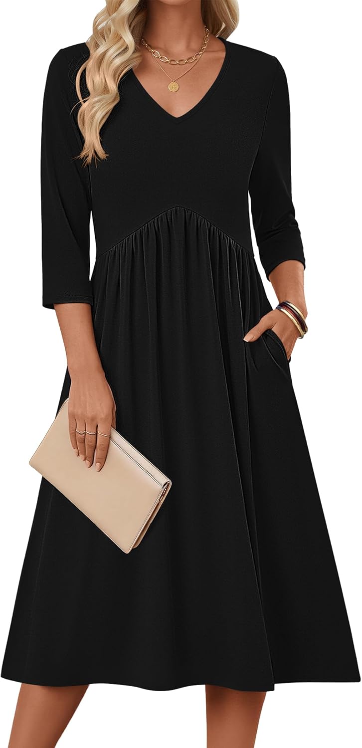 Zeagoo 3/4 Sleeve Women's Dress Casual Midi Tshirt Dresses with Pockets Empire Waist Summer Semi-Formal Boho Beach Sundress - Image 2