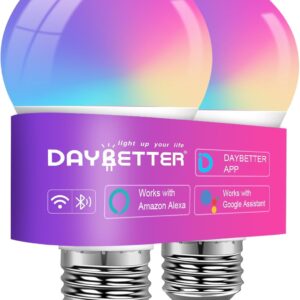 DAYBETTER Smart Light Bulbs, Smart Bulb Compatible with Alexa & Google Home, A19 E26 2.4G WiFi Bluetooth Alexa Light Bulbs, RGBCW Color Changing LED Light Bulb, 60W Equivalent, 800LM, 2Pack