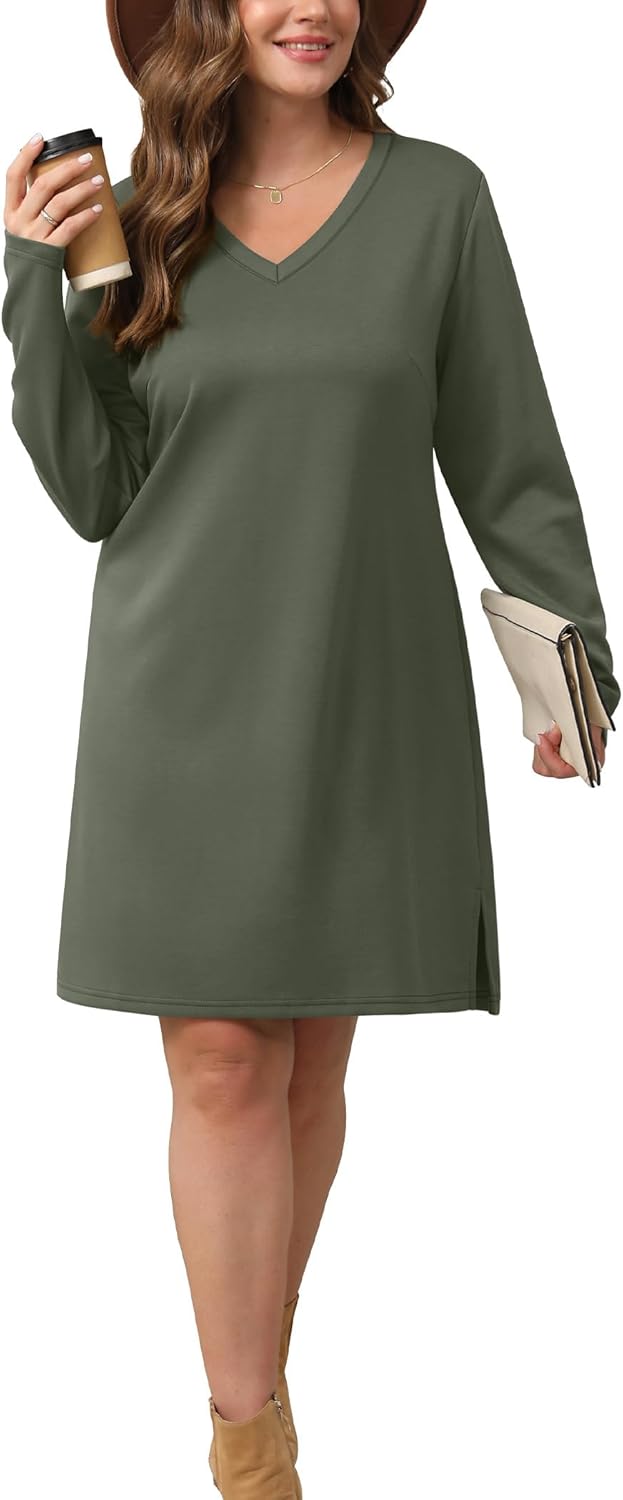 Sampeel Dresses for Women 2025 Casual Long Sleeve V Neck Tshirt Dress Side Split Fashion Fall Outfits - Image 4