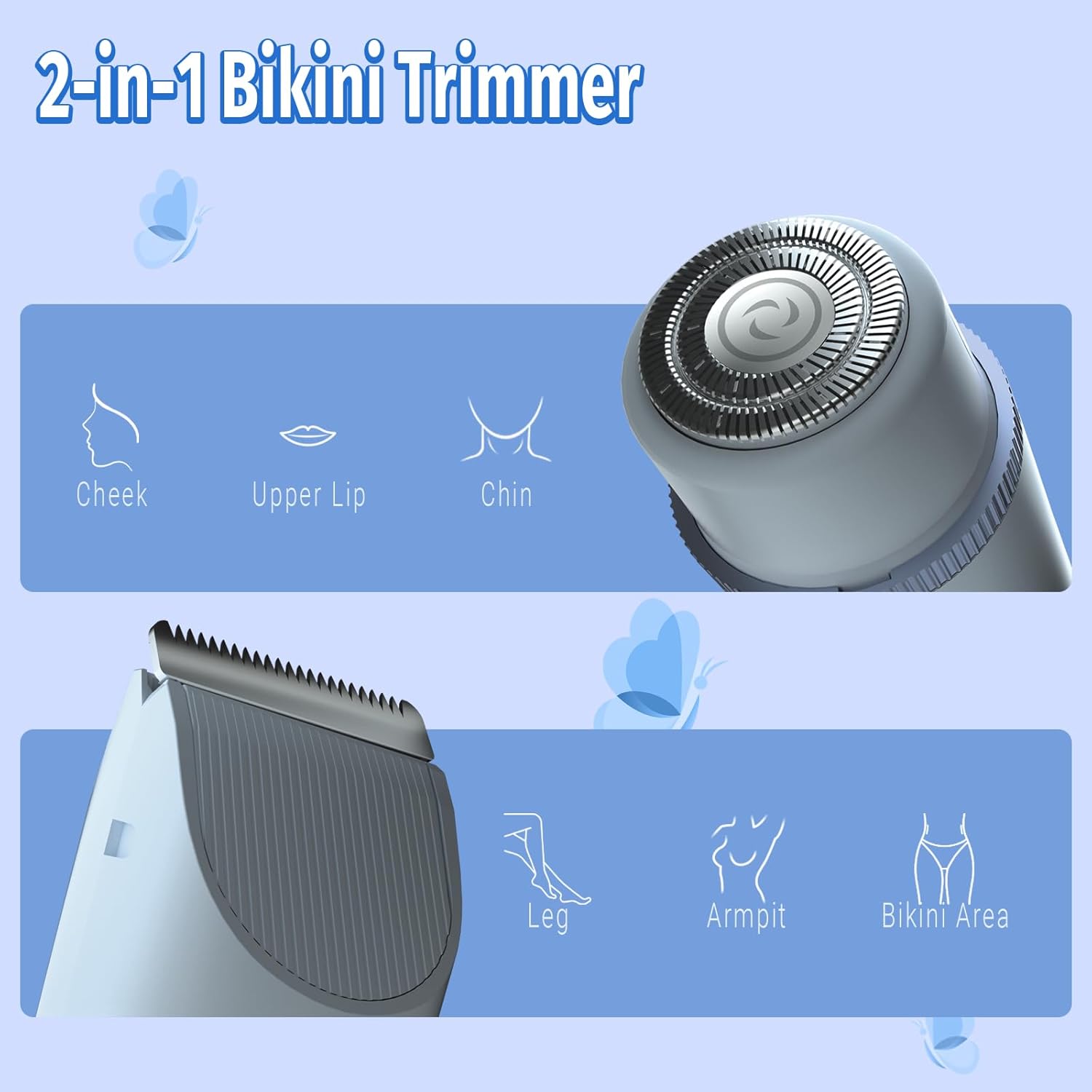 Bikini Trimmer for Women, 2 in 1 Electric Shaver for Women, Rechargeable Electric Razor Body Hair Trimmer Wet & Dry Use, Blue - Image 2