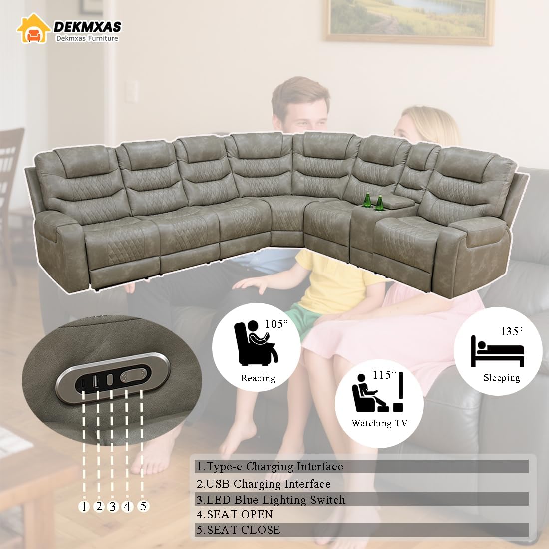 Power Reclining Sectional Sofa Set, Grey Breathing Leather Living Room Furniture Sets with Cup Holders/Storage Console/LED Light/UPS Port for Living Room,Office,RV Car - Image 3