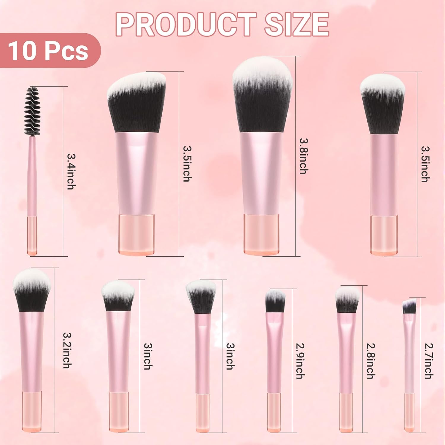 10 Pcs Mini Travel Makeup Brush Set with Pouch, Foundation, Eyeshadow, Blush, Highlighter, Angled Brow & Mascara Brushes - Soft Synthetic Fiber Brushes for On-The-Go & Daily Makeup (Pink) - Image 2