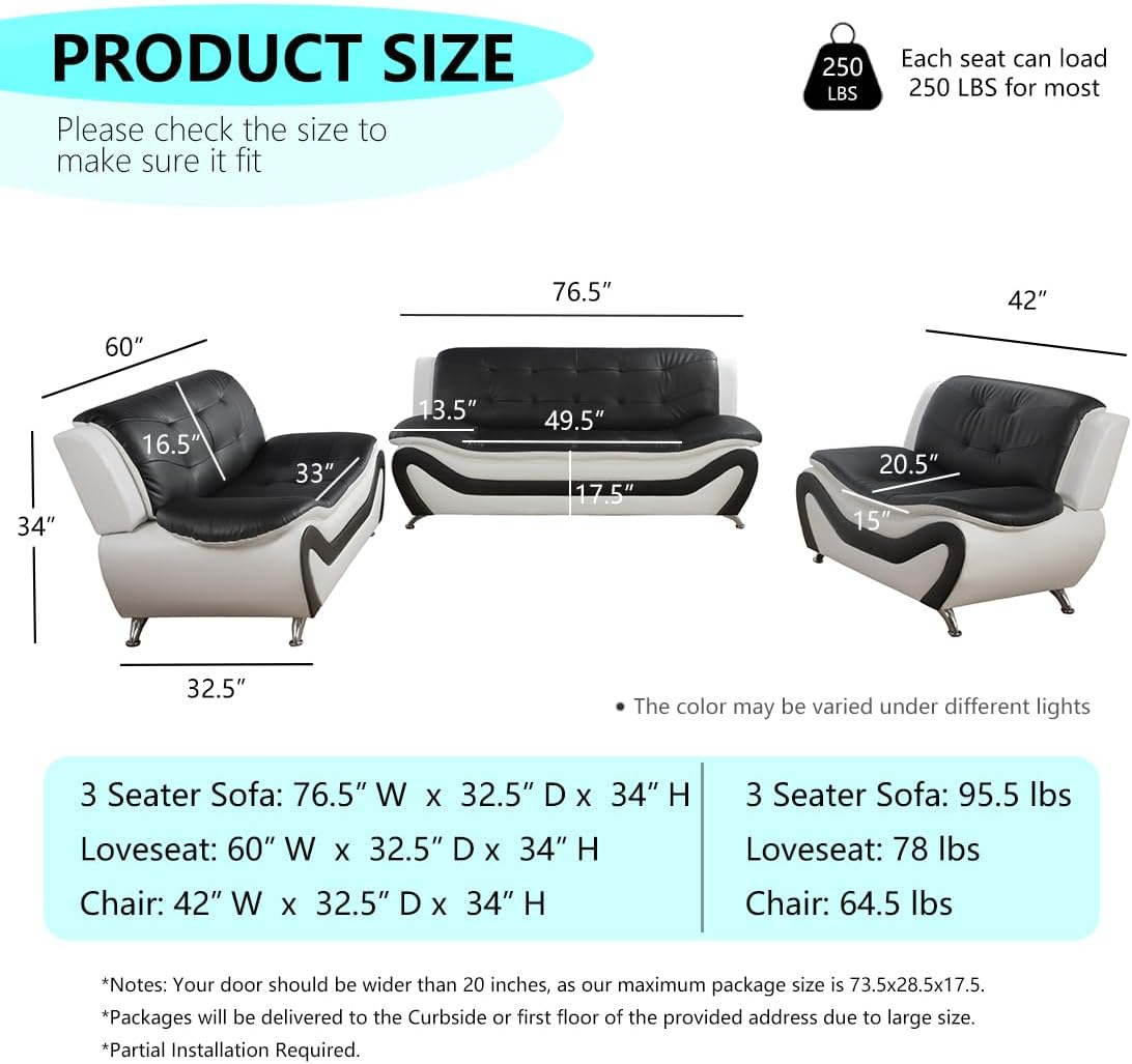 Leather Sectional Sofa Couches, Living Room Furniture Sets, Faux Leather Sofa Chair Set with Metal Feet, Modern 2 Sofas & 1 Chair Set for Living Room/Office/Dorm/Club, 3+3+1, Black & White - Image 2