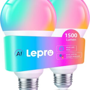 Lepro B3 AI Smart Light Bulbs – 1500LM 100W Equivalent A21 Bulb, WiFi & Bluetooth RGBWW Color Changing, Works with Alexa & Google Assistant, AI Voice Control by App, Music Sync, 2.4GHz Only (2 Pack)