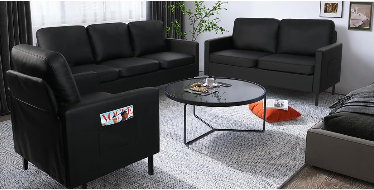 STHOUYN 3 Piece Living Room Furniture Sets, 3 Seat Couch and Loveseat with 2 USB, Single Sofa Accent Chair, Modern Small Couches for Small Spaces (Black 1+2+3) - Image 9