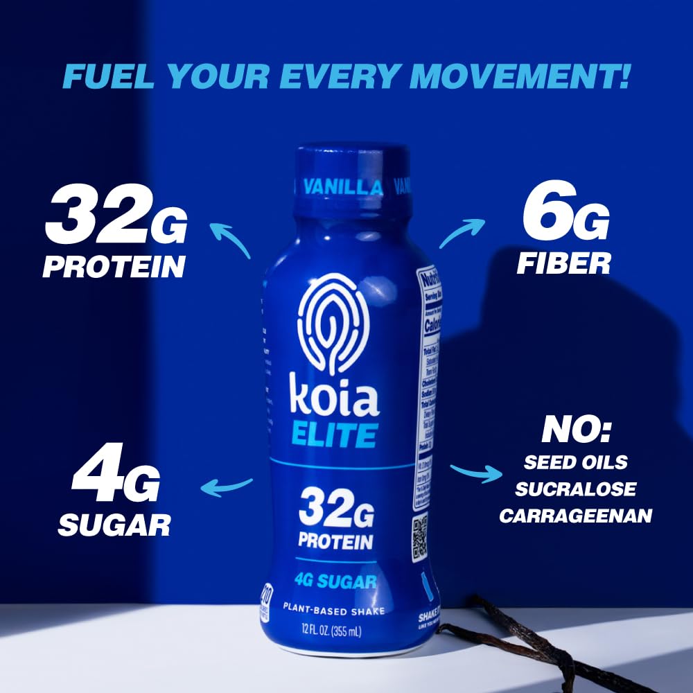 Koia Elite Plant Based Protein Shake, Vanilla, 32g Protein, 4g Sugar, 6g Prebiotic Fiber, Pre & Post Workout Nutritional Drink, No Seed Oils, Dairy-Free, Gluten-Free, Non-GMO, 12 Fl Oz (Pack of 12) - Image 3