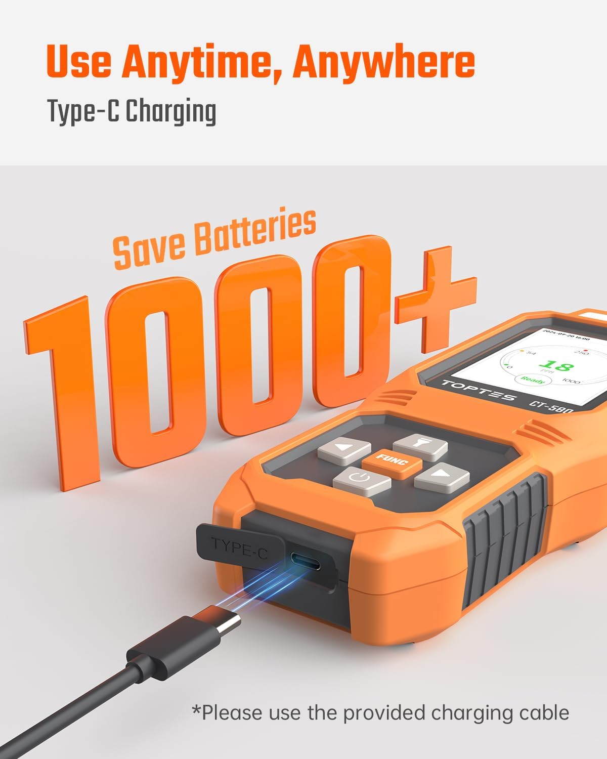 TOPTES CT-580 Portable Carbon Monoxide Detector, Rechargeable CO Detector with Vibration, Visual & Audible Alarms, 0-1000PPM, TFT Color Display for Home, Camping, Travel, Industrial & Professional Use - Image 4