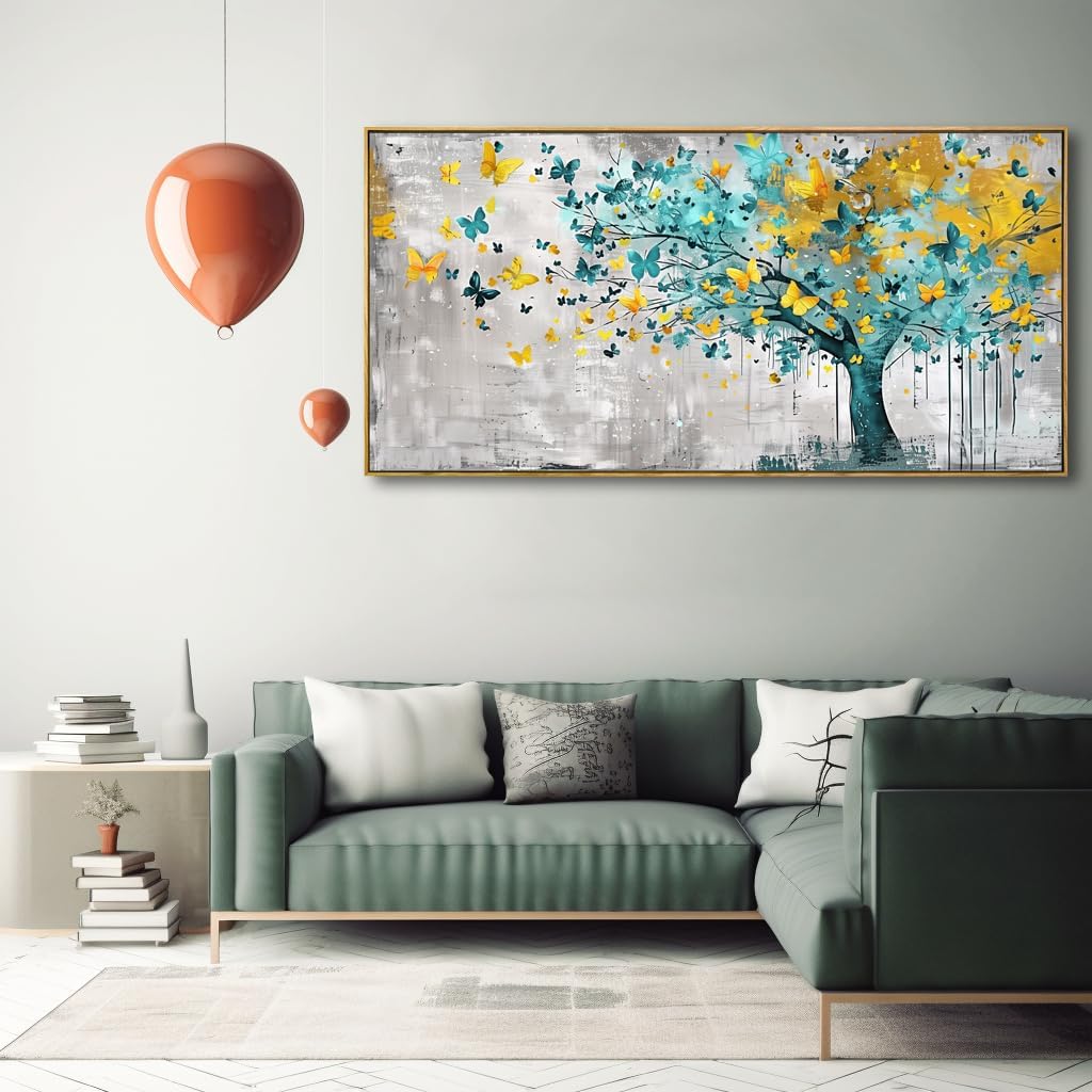 Wall Art Tree of Life Wall Decor Abstract Graffiti Teal Blue and Yellow Butterflies Canvas Painting for Bedroom Living Room Dining Room Home Office Decor 20"x40" with Framed - Image 3