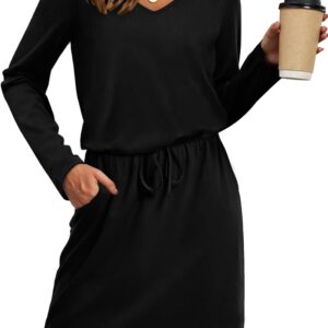 OFEEFAN Fall Dresses for Women 2025 Loose V Neck Long Sleeve T Shirts Casual Sundresses Tie Front A-Line Dresses