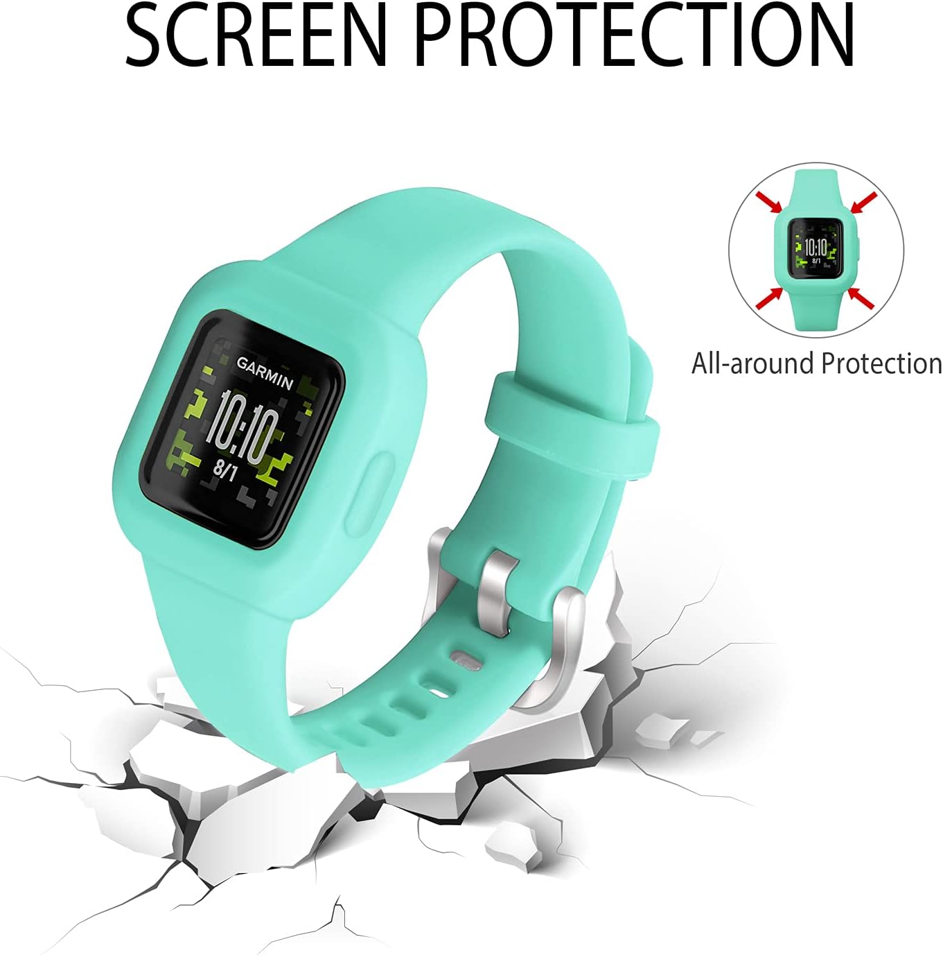 Vanet 4 Pack Compatible with Garmin Vivofit Jr 3 Bands for Kids, Soft Silicone Sport Breathable Bands Adjustable Replacement for Girls Boys, Black/Navy/Lime/Teal Green - Image 2