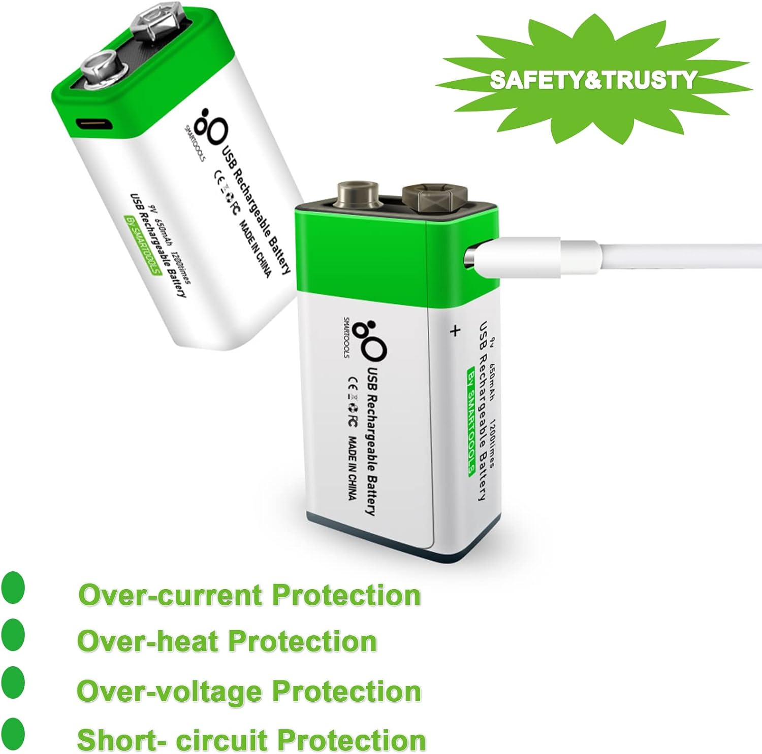 4 Pack 9v Batteries,9 V Battery for Smoke Alarms,9volt Battery for Smoke Detector, USB Type C Rechargeable Lithium Square Rechargeable 9 Volt Batteries with Charger - Image 4