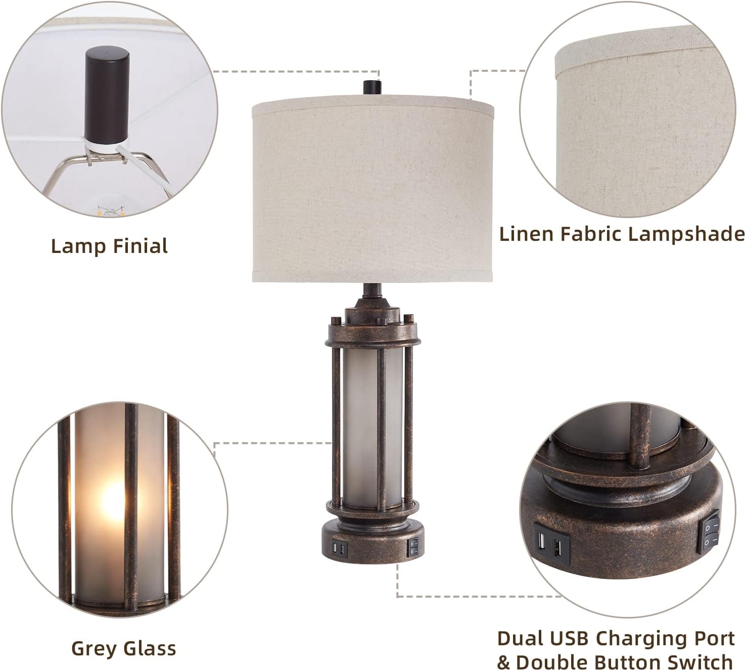Set of 2 Farmhouse Lamps for Living Room, Rustic Vintage Bedroom Nightstand Table Lamp with 2 USB Charging Ports, Built-In Frosted Glass Night Light for End Table Entryway, 4 Bulbs Included (Bronze) - Image 7