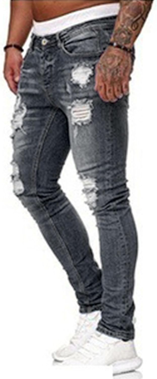HUNGSON Men's Blue Slim Fit Jeans Stretch Destroyed Ripped Skinny Jeans Side Striped Denim Pants - Image 2