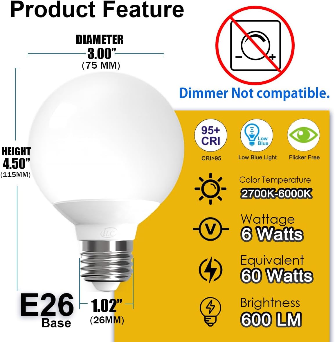ILC G25 Globe Light Bulbs, App-Controlled LED Bulb with Bluetooth Mesh, 6W, 60W Equivatlent, 600LM, CCT: 2700K-6000K, CRI>95+, E26 Base, 120V for Vanity, Pendant fixtures, Bathroom (6 Pack) - Image 2