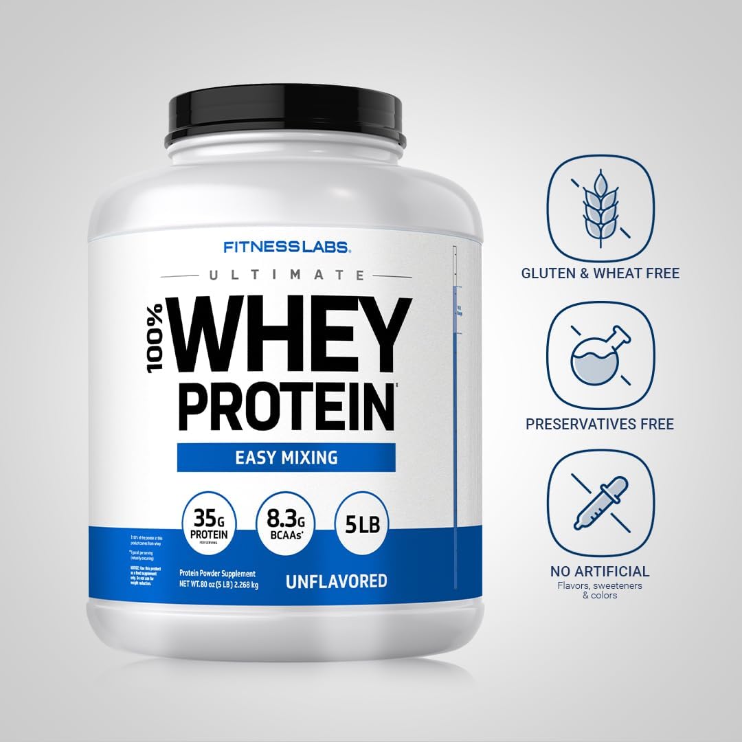Fitness Labs Whey Protein Powder Unflavored | 5 lbs | 80 oz | Easy Mix Ultimate Supplement | Non-GMO, Gluten Free - Image 4