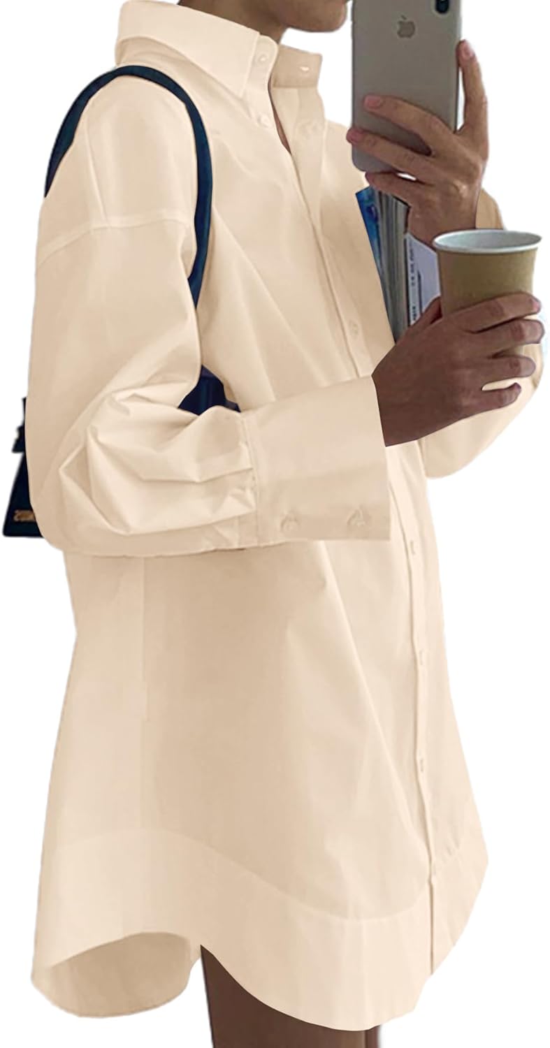 LYANER Women's Casual Shirt Dress Collar V Neck Button Down Loose Long Sleeve Mini Dresses - Image 2