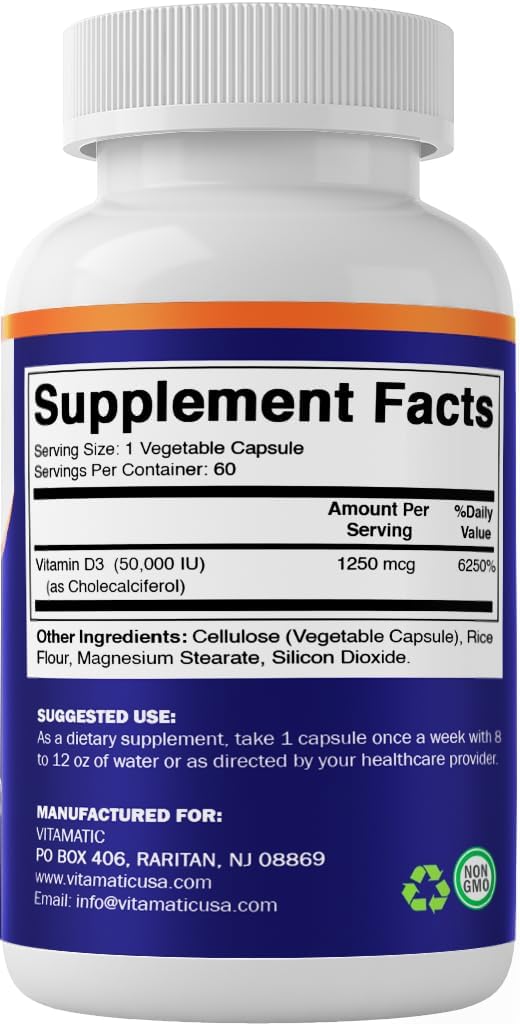 Vitamatic Vitamin D3 50,000 IU (as Cholecalciferol), Once Weekly Dose, 1250 mcg, 60 Veggie Capsules 1 Year Supply, Progressive Formula Helping Vitamin D Deficiencies (60 Count (Pack of 1)) - Image 8