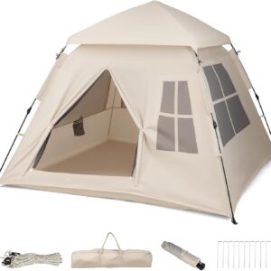 Tangkula 4 Person Camping Tent, Instant Pop-Up Cabin Tent with Removable Rainfly, Mesh Windows & Dual Doors, Carrying Bag, Portable Outdoor Family Shelter for Picnic, Backpacking, Traveling