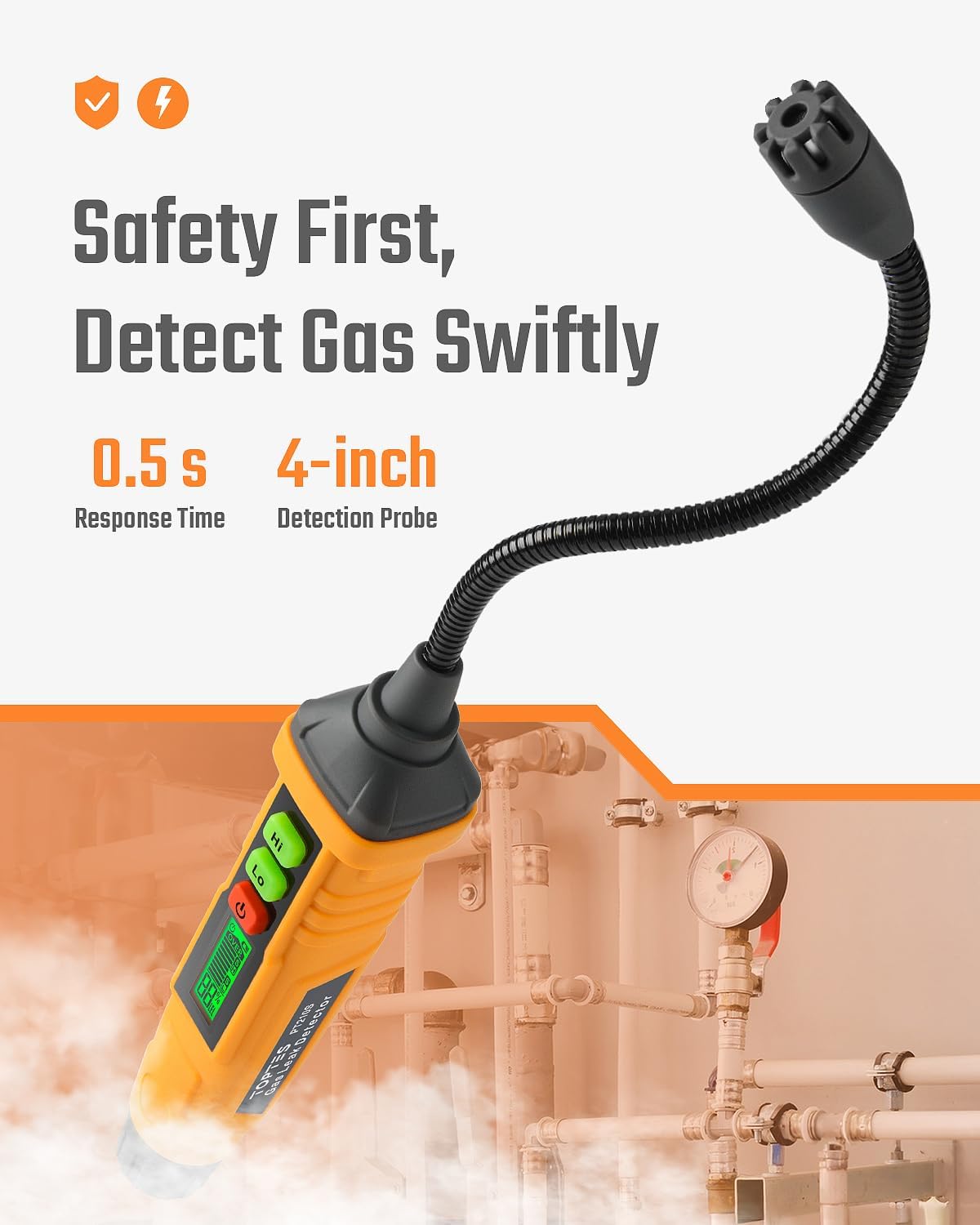 TopTes PT210S Gas Leak Detector, Natural Gas Detector with 4-inch Probe, Propane Leak Detector Locating Combustible Gases Like Natural Gas, Methane for Home, Measures%LEL (Incl. Batteries) - Orange - Image 2
