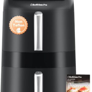 12QT Large Double Air Fryer, 10-in-1 Dual Airfryer with 2 Baskets & SyncHeat Tech for Even Cooking, Stacked Compact Design, Smart Finish & Match Cook, PFAS-Free Nonstick, Dishwasher Safe, Black