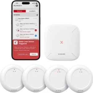 X-Sense Wi-Fi Water Leak Detector Kit, Smart Water Sensor Alarm with App Alerts and Ultra-Slim Design, Water Alarm Leak Detector for Basements, 4 Water Sensors and 1 Base Station, Model SWS0A41