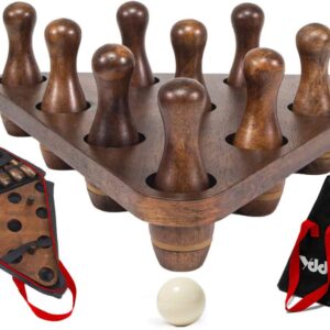 Shuffleboard Bowling Pin Set with 10 Pcs Premium Hardwood Bowling Pins Durabel Triangular Pinsetter Resin Bowling Ball and Carrying Bag, Fun for Shuffleboard Games