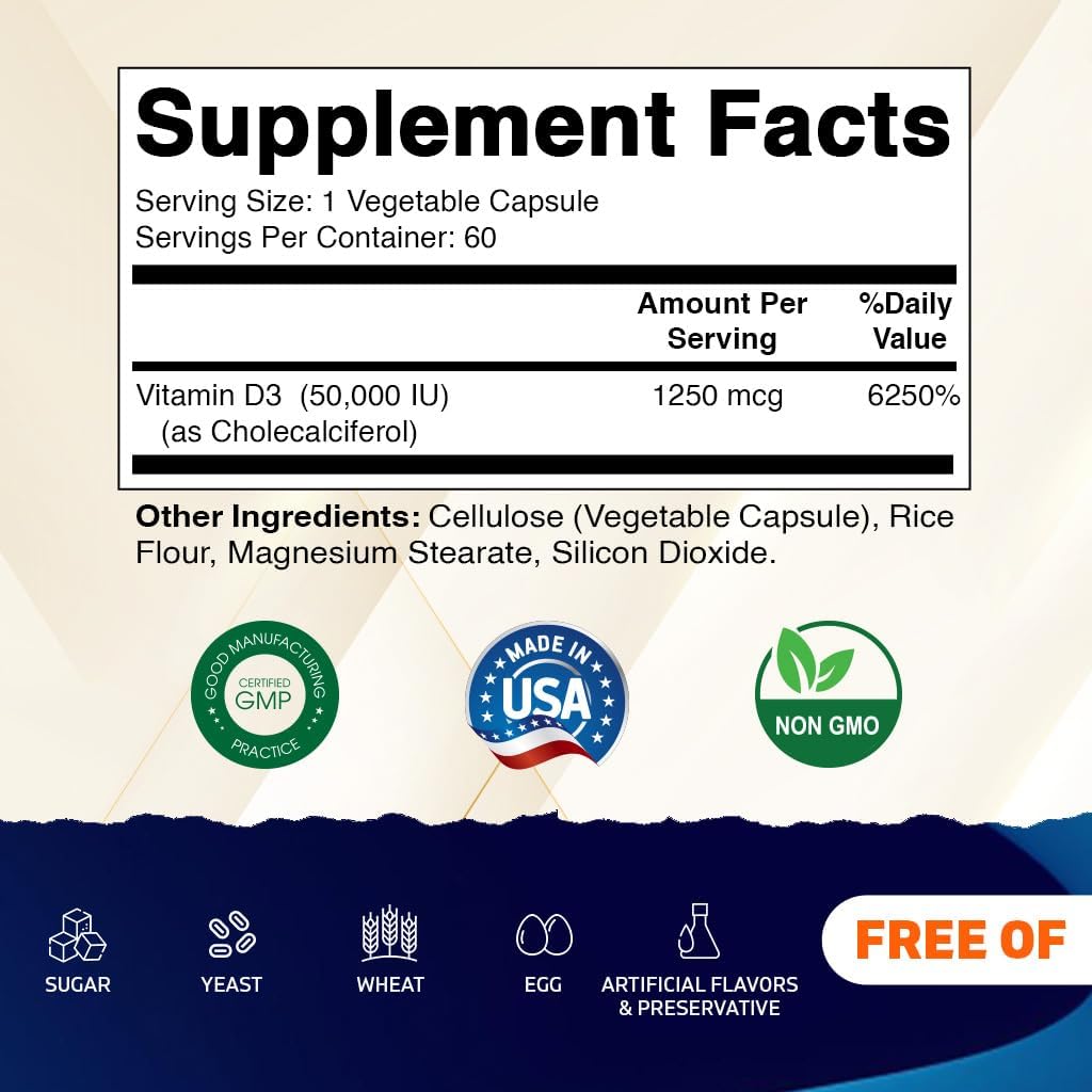 Vitamatic Vitamin D3 50,000 IU (as Cholecalciferol), Once Weekly Dose, 1250 mcg, 60 Veggie Capsules 1 Year Supply, Progressive Formula Helping Vitamin D Deficiencies (60 Count (Pack of 1)) - Image 2
