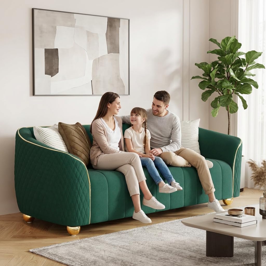 "85" 3-Seater Velvet Sofa - Modern Plush Spring Cushion, Solid Wood Frame, Spacious Deep Seat for Small Spaces, Family Living Room & Office (Green, 3S) - Image 7