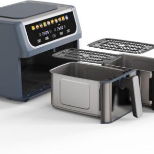NEWBULIG Dual Air Fryer with 2 Baskets 9.5 QT, 10 in 1 Large Air Fryers with Ceramic Crisper Plate, Match Cook, Sync Finish, Shake Reminder, 80-450°F Wide Temp, Roast, Defrost, Dehydrate, Bake, Grey