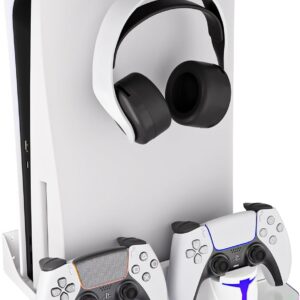 Hosanwell PS5 Wall Mount Kit with Charging Station, Compatible with PlayStation 5/Slim/Pro Disc & Digital Version, Dual Use Charging Station with Multi-Mode RGB Light, White