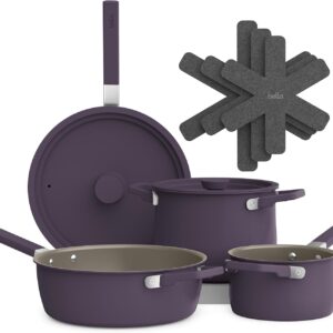 bella 9 Piece Ceramic Nonstick Cookware Set, Fits-anywhere™ Kitchenware w EverGood™ Coating, Dishwasher & Oven Safe, All Stovetops Compatible, Stackable Design, Cool Touch Handles, Plum