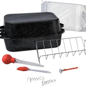 Granite Ware 25 lb Rectangular Roaster Set (10pcs), includes Lid, V-Rack, 2 pack brining bags, oven/grill-safe meat Thermometer, Turkey Baster with sylicon bulb, small brush