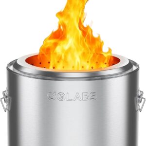 Golabs Smokeless Fire Pit 19.5″, Portable with Handle, Stainless Steel Outdoor Firepit with Removable Ash Pan & Fire Poker, Easy to Clean, Efficient Heating & Less Ash, Perfect for Backyard & Camping