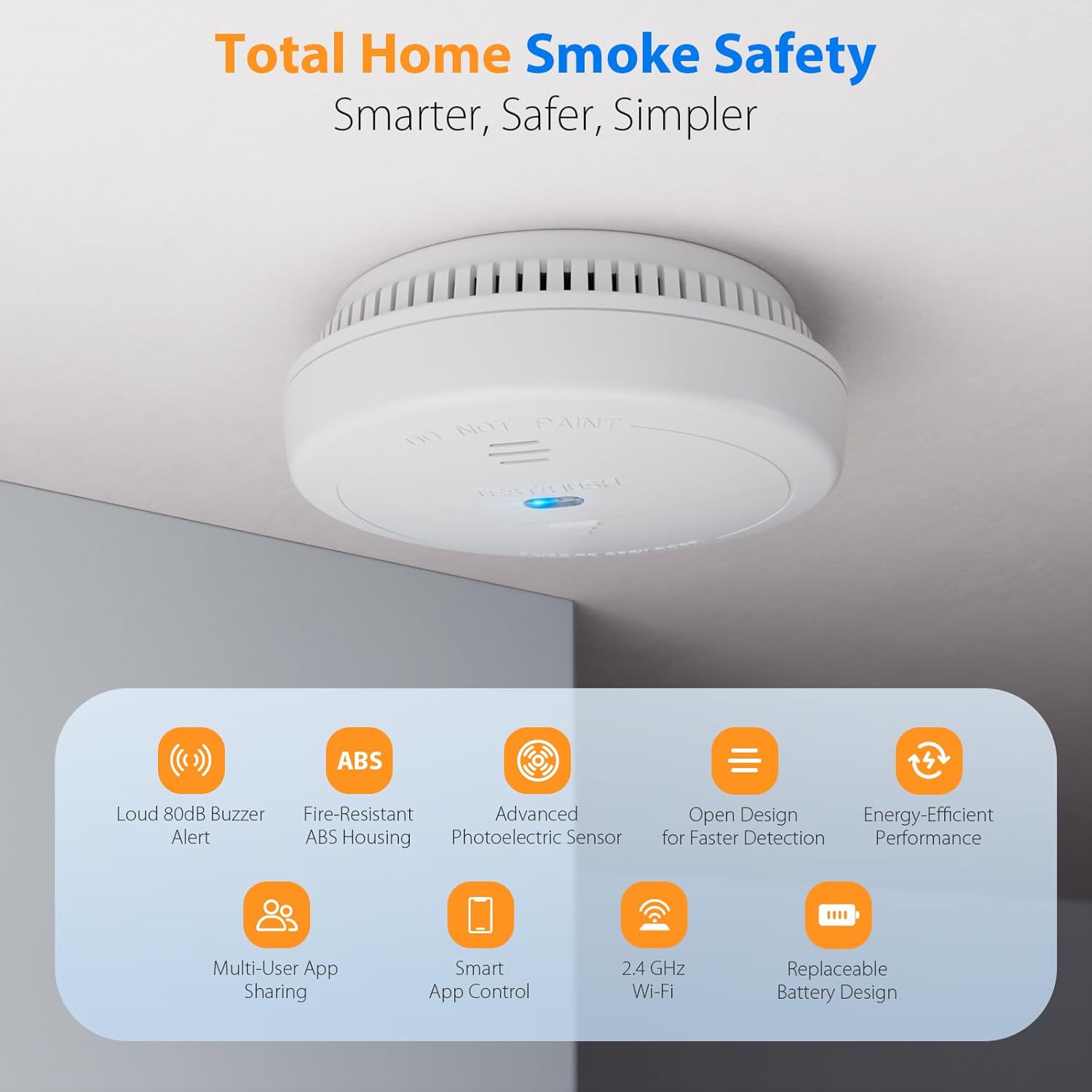 3-Pack WiFi Smoke Detectors – Smart Fire Alarms with App Control, Low Power Alert, Quick Battery Access, Silence & Test Functions, Includes 6 AAA Batteries - Image 2