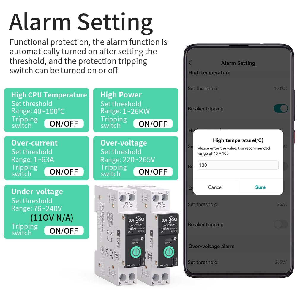 Smart Home DIN Rail WiFi Switch, 1P+N 1‑63A, Over-Current Protection, Tuya/Smart Life Remote Control, Voice Control via Alexa &Google Assistant, Energy Monitor, Timer Functions, FCC Certified - Image 3