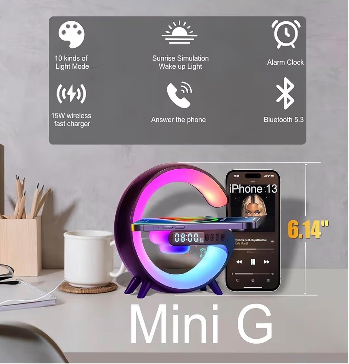 Treligate LED Table Lamp with Wireless Charger, Mini G Atmosphere Lamp with Bluetooth Speaker, Night Light Lamp Sunrise Alarm Clock, Smart Light Sound Machine, (Black) - Image 2