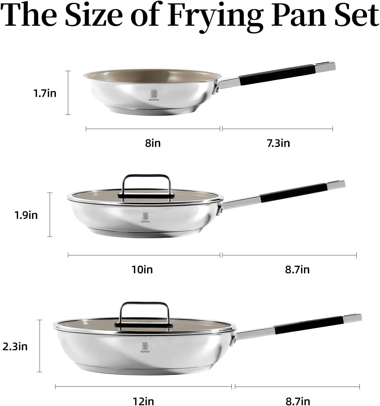 ROYDX Stainless Steel Fry Pan Set Titanium Ceramic Non Stick Frying Pan with Lid 8", 10" and 12" Oil Gather Pro Non Stick Skillets with Stay-Cool Handle PFOA Free, Compatible with All Cooktops - Image 2