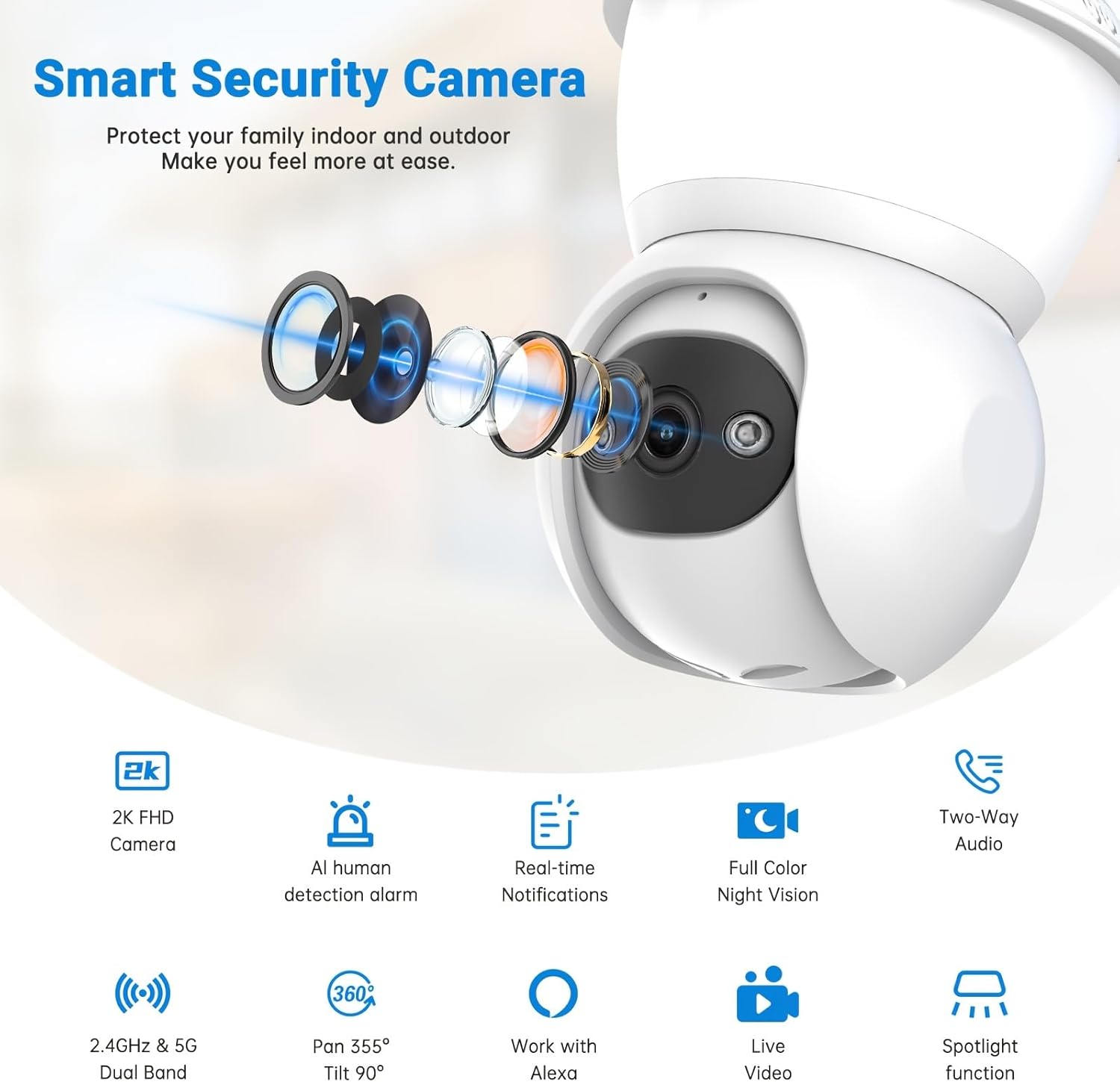 Smart Light Bulb Security Camera,5G&2.4G Security Cameras Wireless Outdoor,2K Light Bulb Camera, 360° Camera for Home Security,AI Detection,Smart Night Vision, Two-Way Audio,Work with Alexa - Image 2