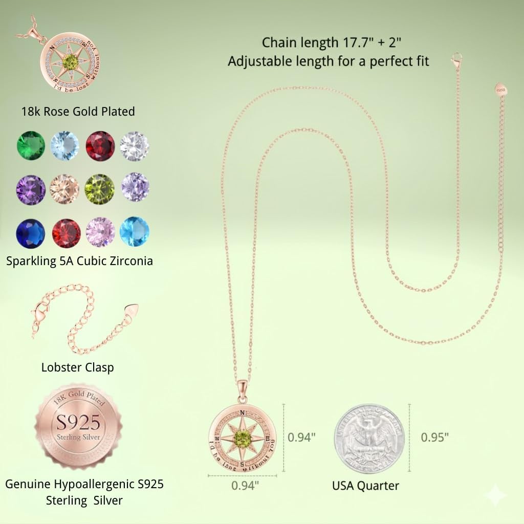 Compass Necklace for Women Wife Girlfriend Mom Daughter Gifts S925 Sterling Silver Jewelry For Anniversary Rose Gold Gifts For Birthday Christmas Mothers Valentines Day 12 Birthstones - Image 4
