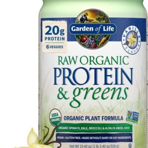 Garden of Life Raw Protein & Greens Vanilla Protein Powder – 20g Plant Based Greens Powder, Probiotics & Enzymes, Post-Workout Recovery, Vegan, Gluten-Free, Non-GMO, 20 Servings