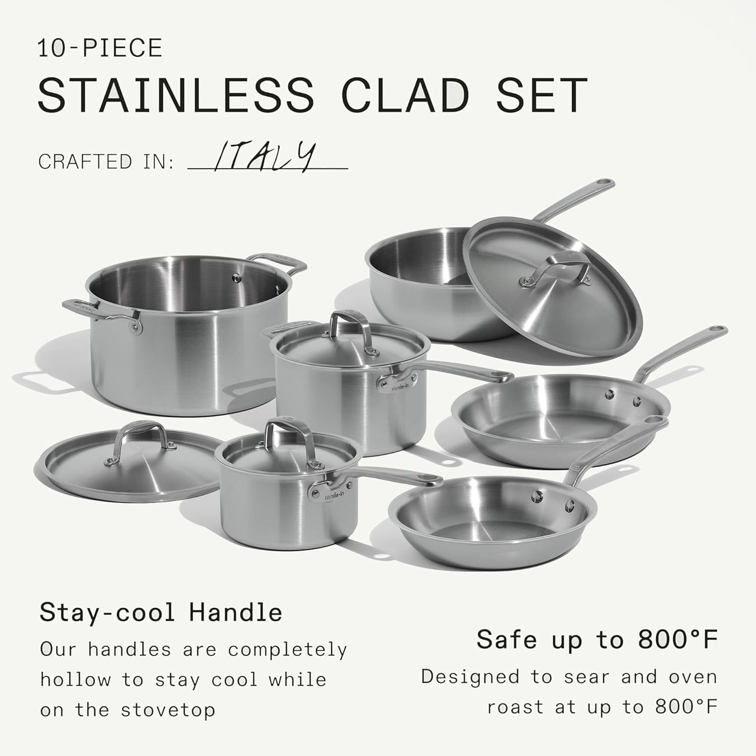 Made In Cookware - 10 Piece Stainless Steel Pot and Pan Set - 5 Ply Clad - Includes Stainless Steel Frying Pans, Saucepans, Saucier and Stock Pot W/Lid - Professional Cookware - Crafted in Italy - Image 5