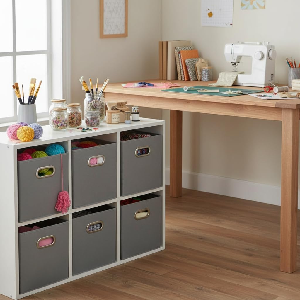 Household Essentials Fabric Storage Bins 6 Piece Set, Strong Poly-Woven Fabric, Sturdy Chipboard Sides, Grommet Front Handle, Stackable and Foldable, Classic Design, Dove Gray - Image 6