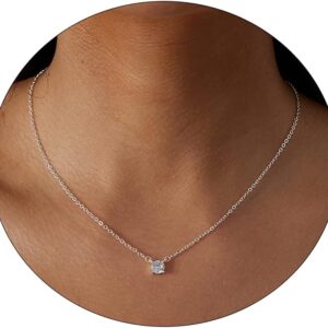 ASCOMY Dainty CZ Diamond Solitaire Pendant Necklaces for Women 14K Gold Plated Single Round Cubic Zirconia Square Simulated Diamond Choker Necklace Bride Bridesmaid Weeding Jewelry Gifts